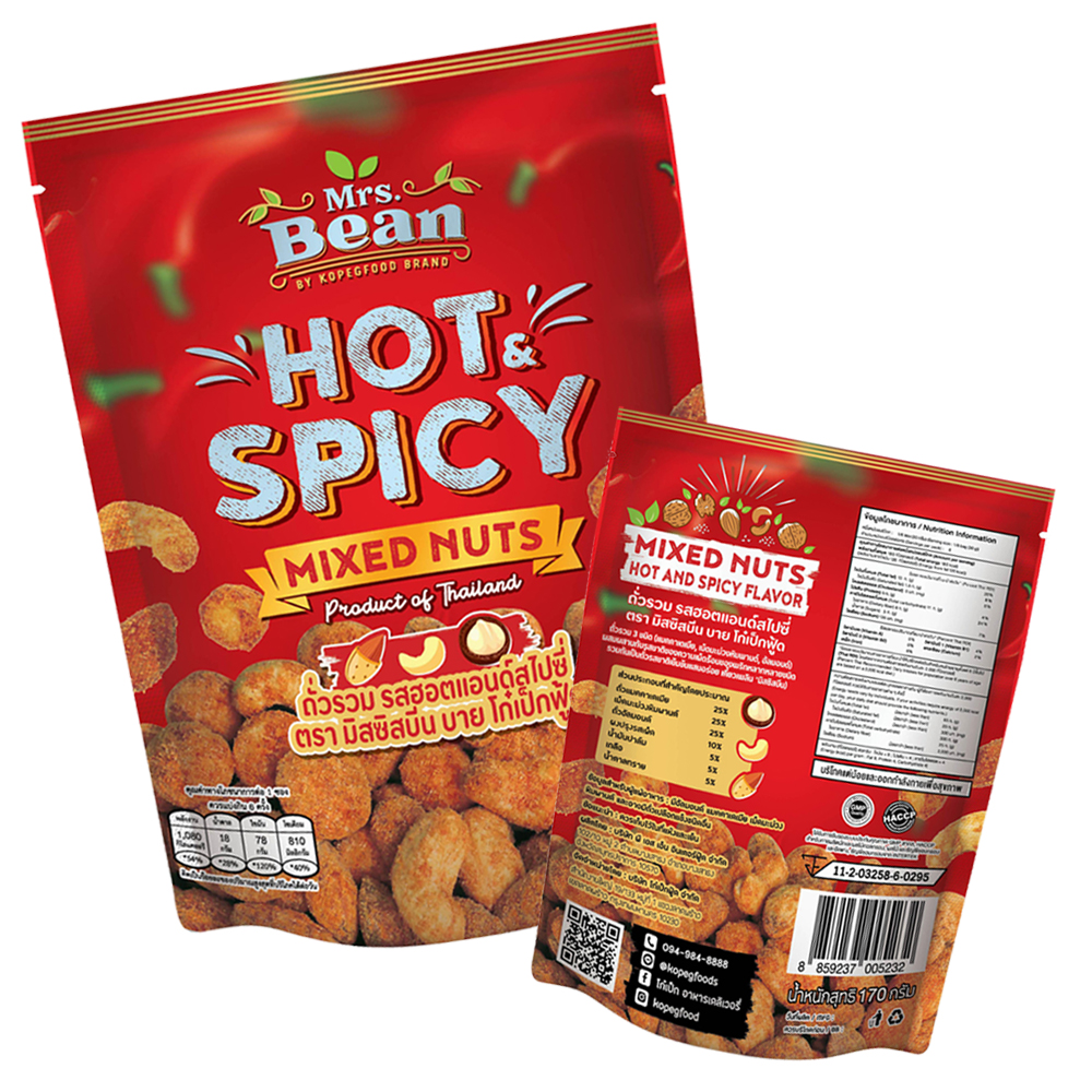 Thailand Popular Mrs.Bean Hot & Spicy Mixed Nuts Snacks in Bag