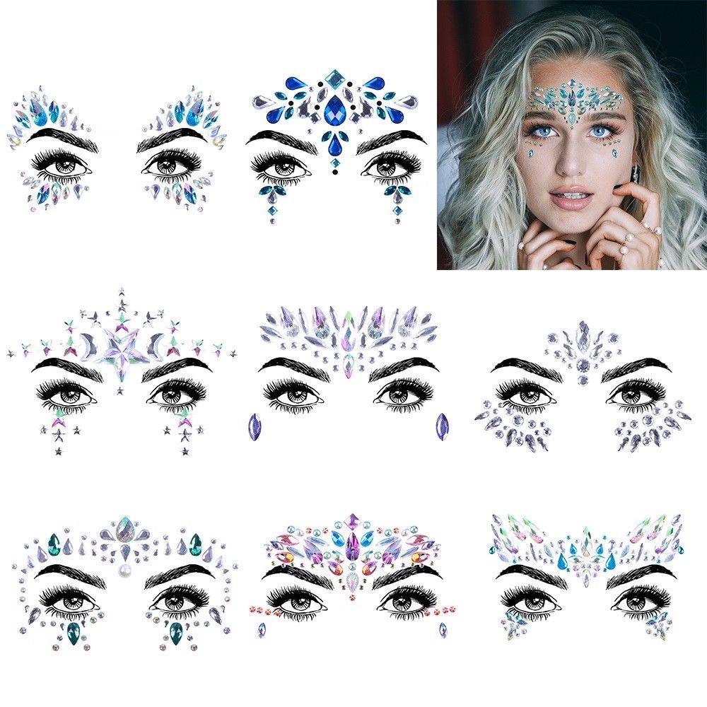 9 Sets High Quality Eco-Friendly Eyes Face Body Decoration Crystal Tattoo Sticker for Festival Rave Carnival Party