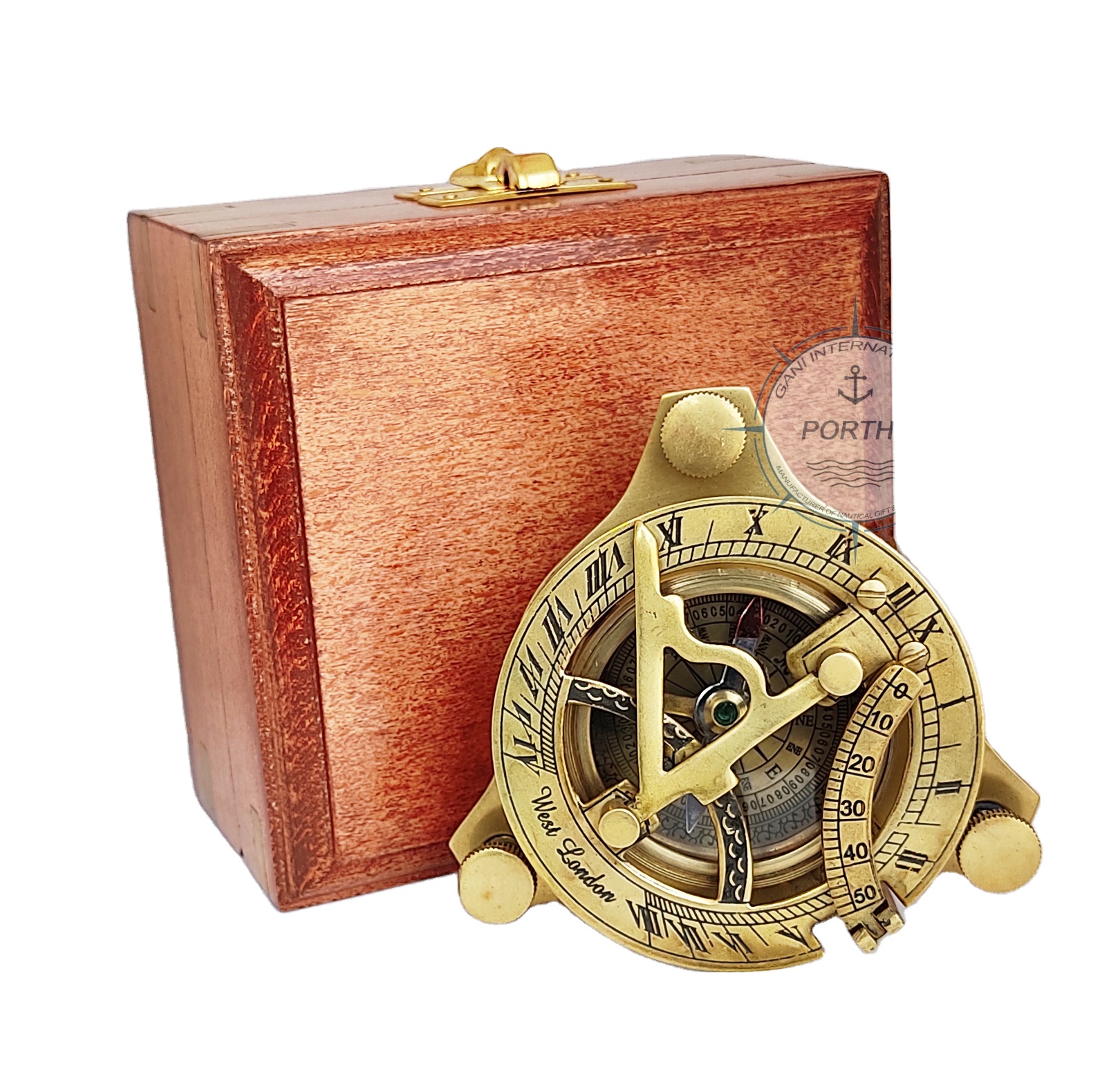 Nautical Brass Sundial Compass with Wooden Box Collectible Marine Sun Dial Compass Gift
