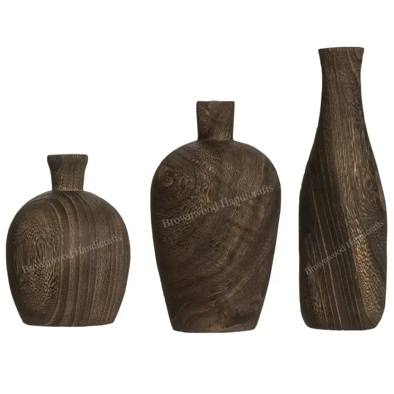 Wooden Handmade Artistic Wooden Vase Set of 3 Assorted Wooden Flower Pot Sets Direct Factory Supply at Compitative Price
