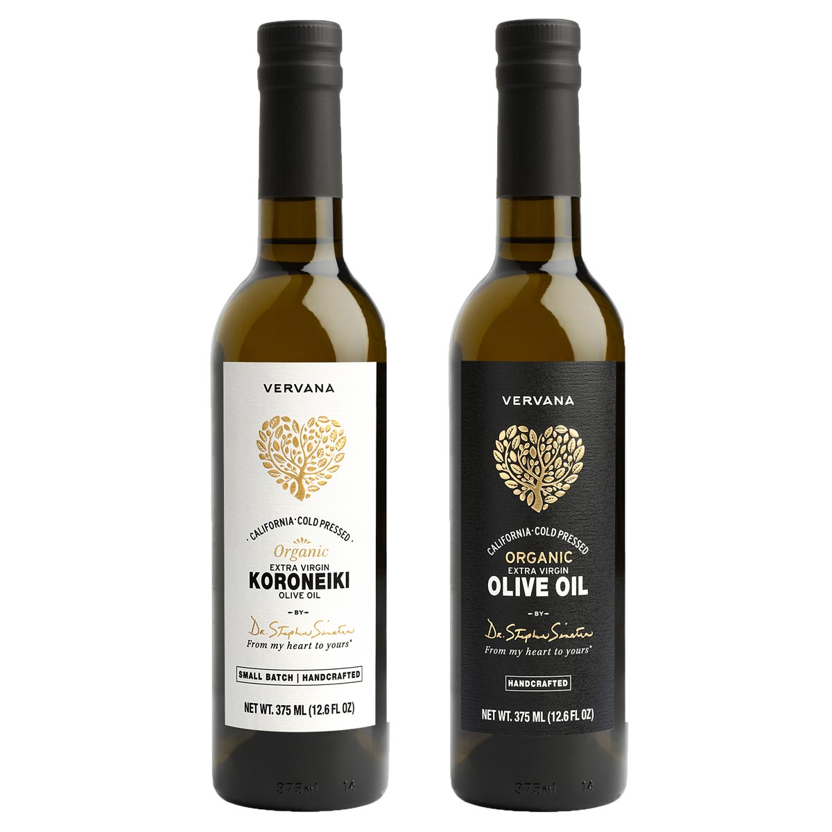COOC-Certified, California Organic Extra Virgin Olive Oil Set: Arbequina EVOO (375 ml) and Koroneiki EVOO (375 ml)