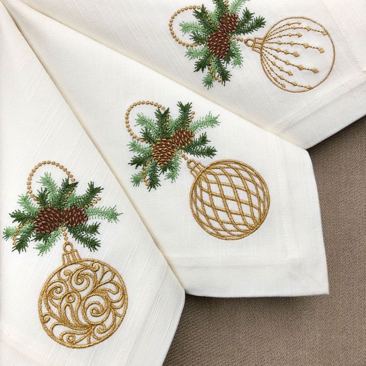 Cotton/Linen Table Napkin With Hemstitch Border And Christmas/Thanksgiving Blink Gold Thread Embroidered Pattern