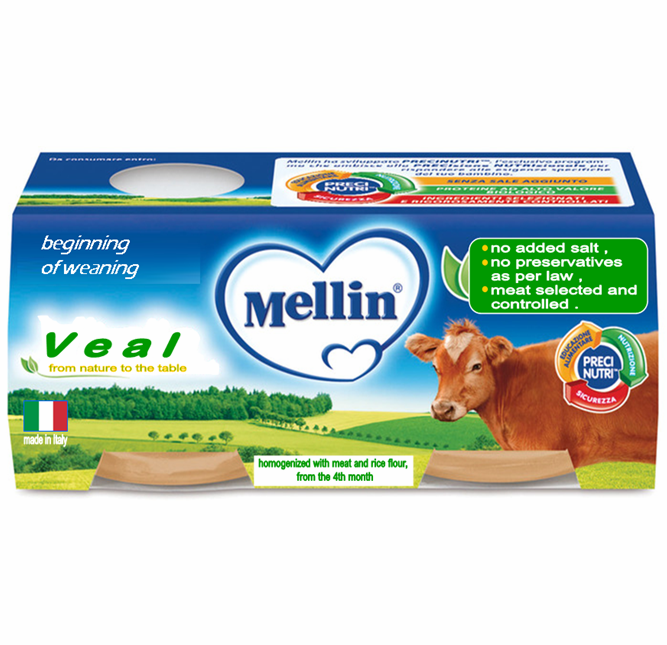 Homogenized veal meat and rice flour for baby from the 4th month