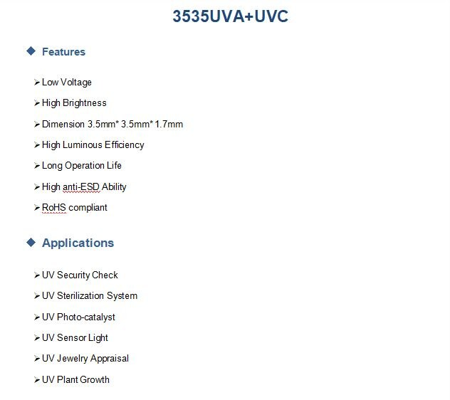 10 шт. X 3535UVA + UVC 3535 UVC LED 265-280NM 3535UVC SMD LED 3,5*3,5*1,3 мм