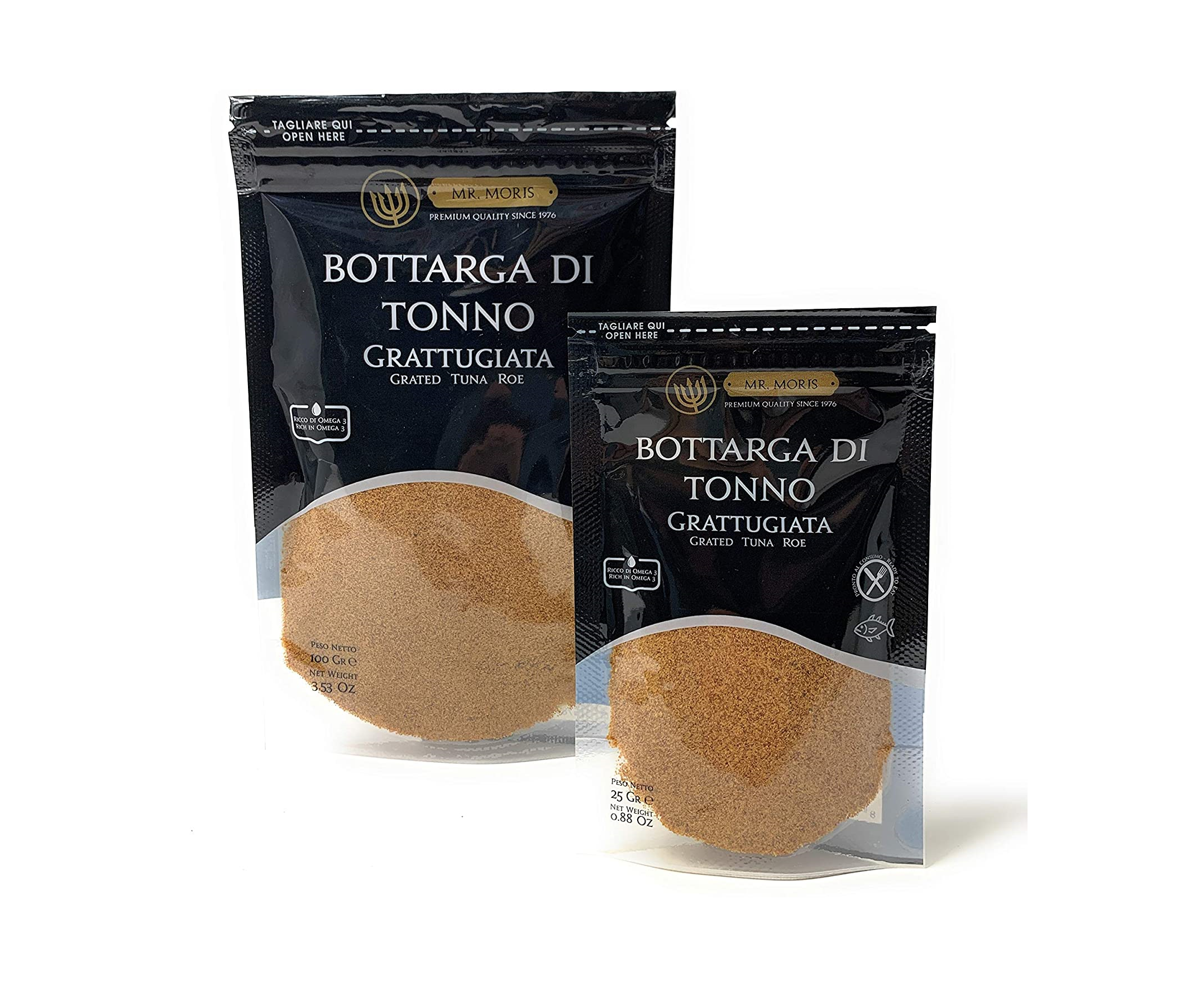 Premium Quality Grated Yellowfin Tuna Bottarga Mr. Moris Made in Italy Kosher in Doypack Bag 25 g