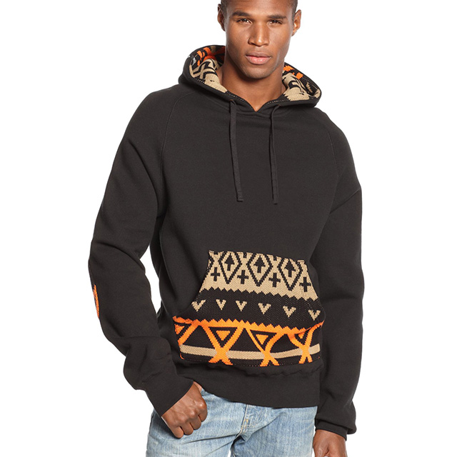 Good quality cotton fleece stand up collar mens pattern design pullover hoodie
