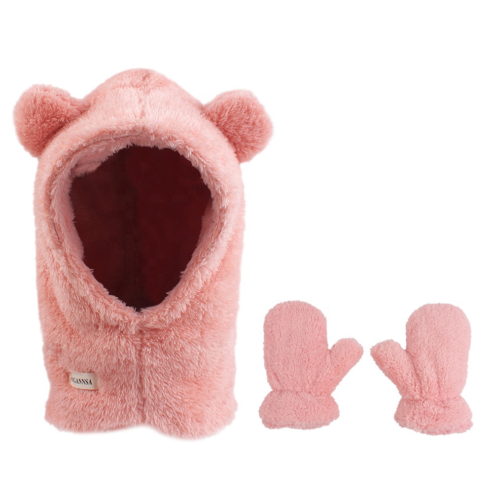 Fleece Winter Kids Beanie Cute Baby Hand Warmer Glove For Girls Boys Hoodie Baby Hat Glove Set