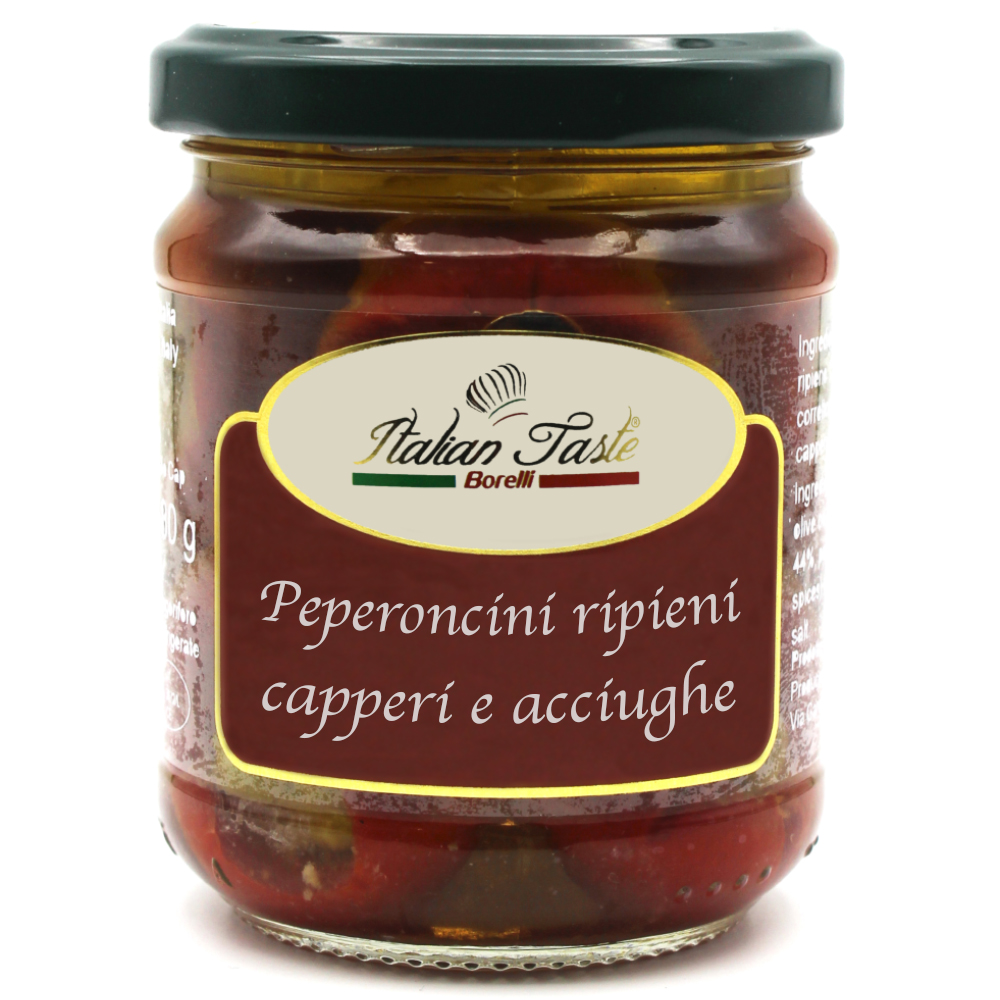 Высококачественные итальянские каперы и анчоусы, фаршированные перцы, стеклянная банка 180 г, Сделано в Италии для экспорта