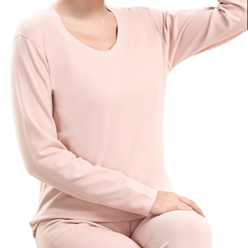 Women Thermal Flexible Cozy Round Neck Double-face Fleece Underwear Set Loungewear With Long Sleeve Shirt and Pants Ecru