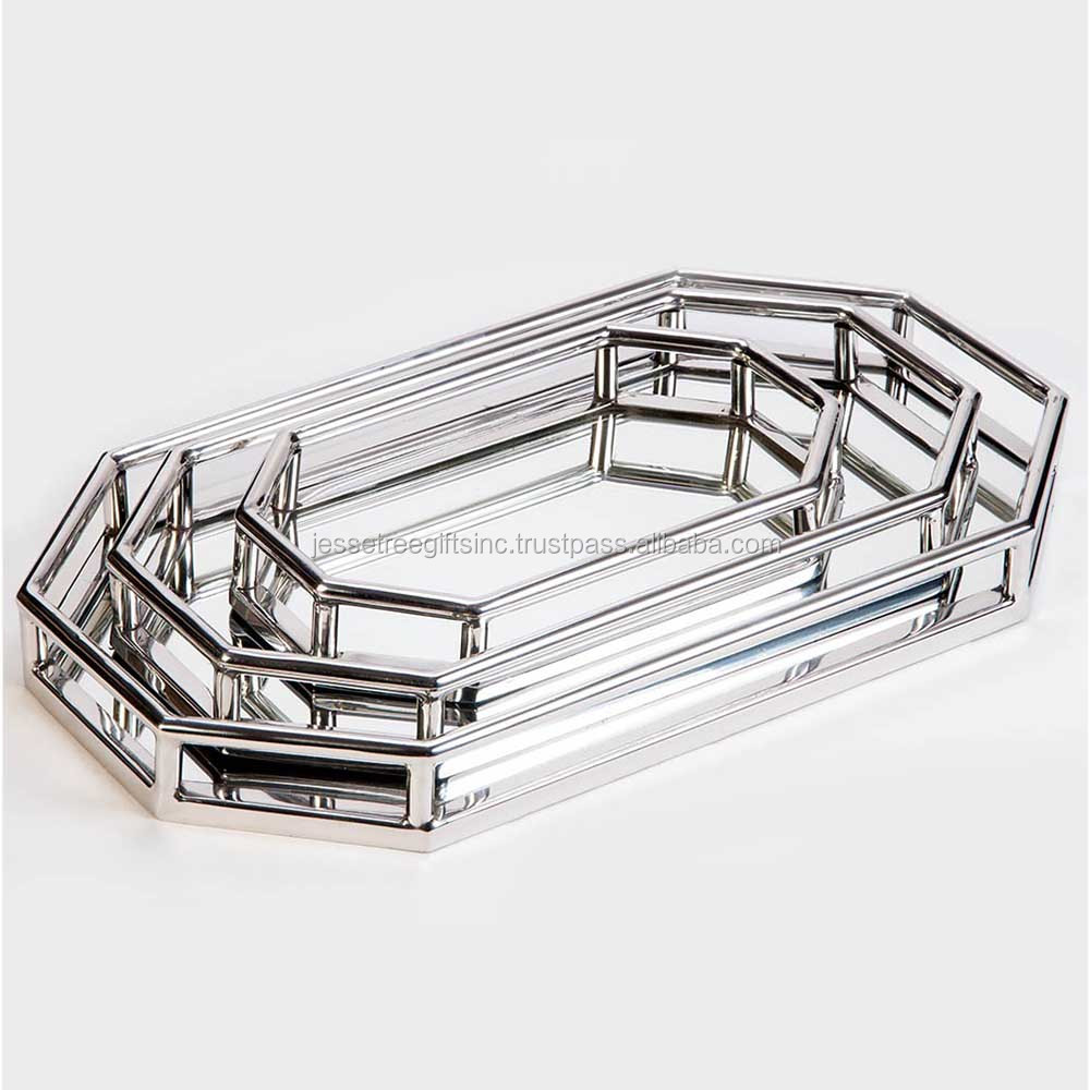 Decorative Tray Shiny Silver Set Of 3 Pieces Hexagonal