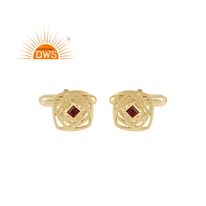 Natural Garnet Gemstone 18K Gold Plated 925 Silver Maze Design Cufflink Jewelry Manufacturer