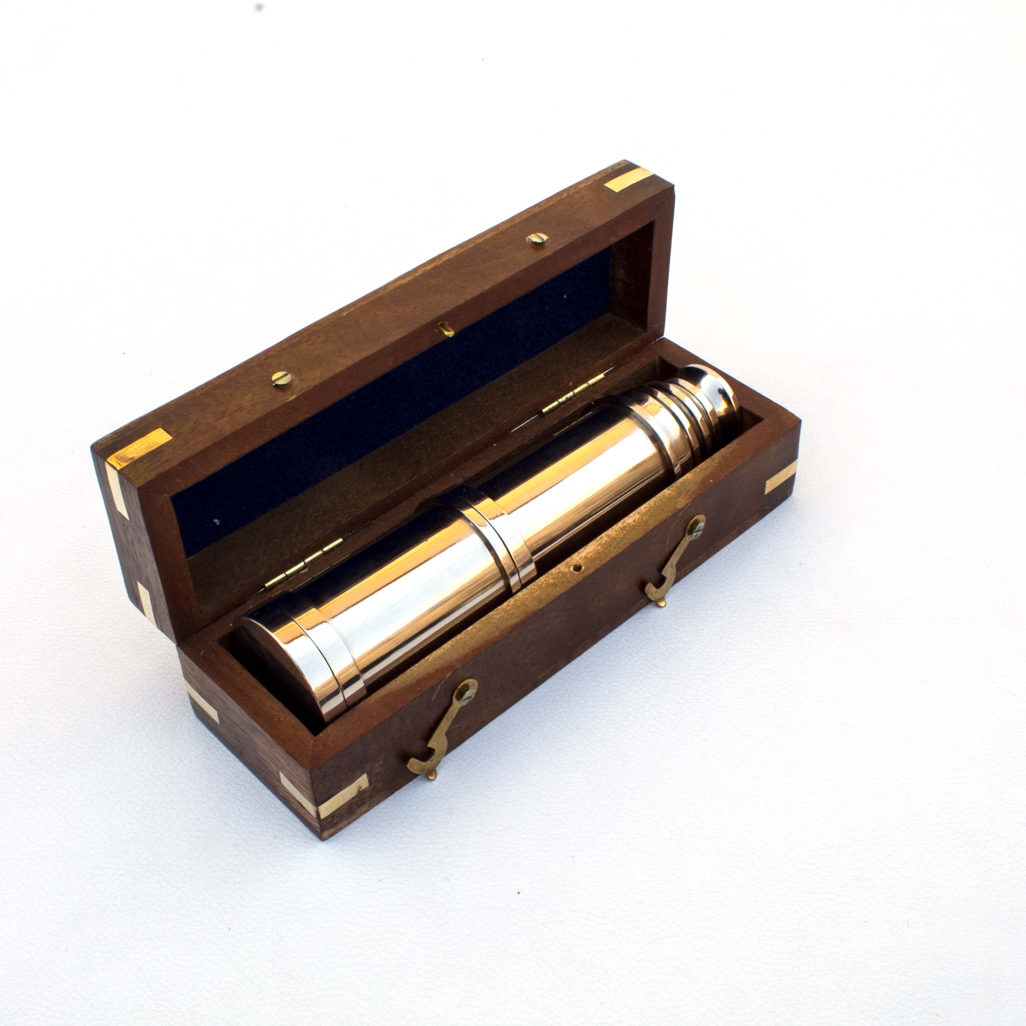 brass Silver polish telescope in wooden box leather grip engraved spyglass pirate classic decor monocular nautical