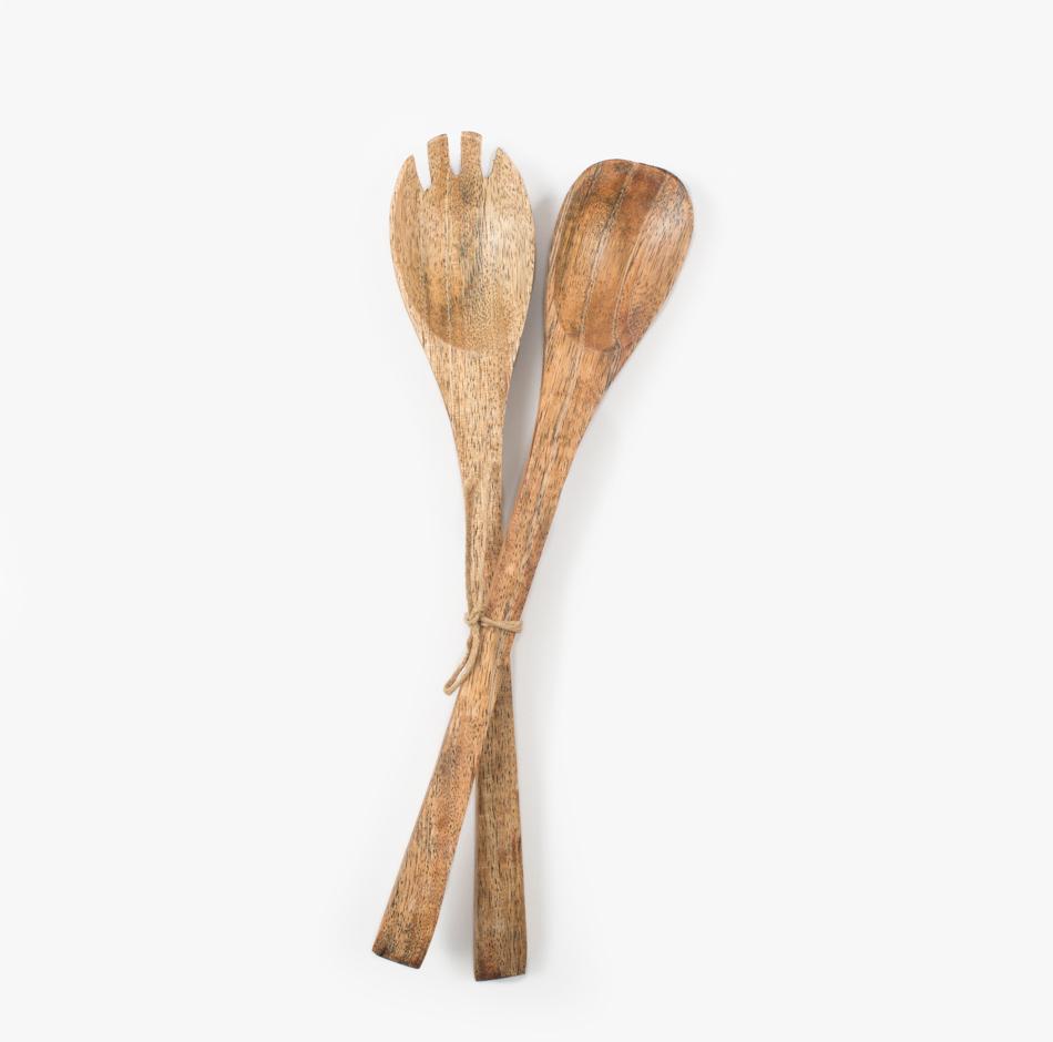 Mango Wood Salad Servers, traditional utensils hand-carved from mango wood. Measures 2"W x 11"L Hand-wash only