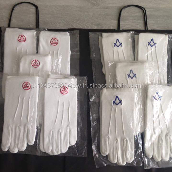 Cotton White Gloves Freemasons Square and Compass Embroidered