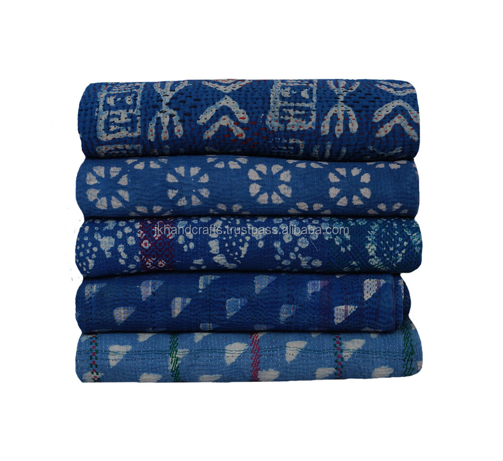 Винтажное одеяло цвета индиго Kantha, ручная работа, одеяло цвета индиго Kantha
