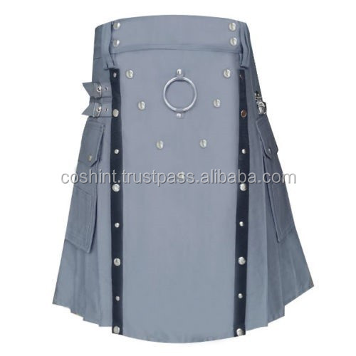 Grey Fashion Kilt With Heavy Metal Work On Front Apron Made To Measure
