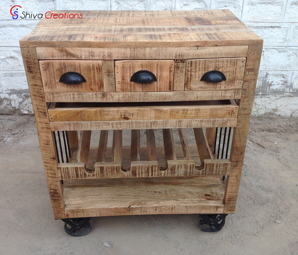 Rough Mango Wood Display Bar Wine Rack Furniture Cabinet