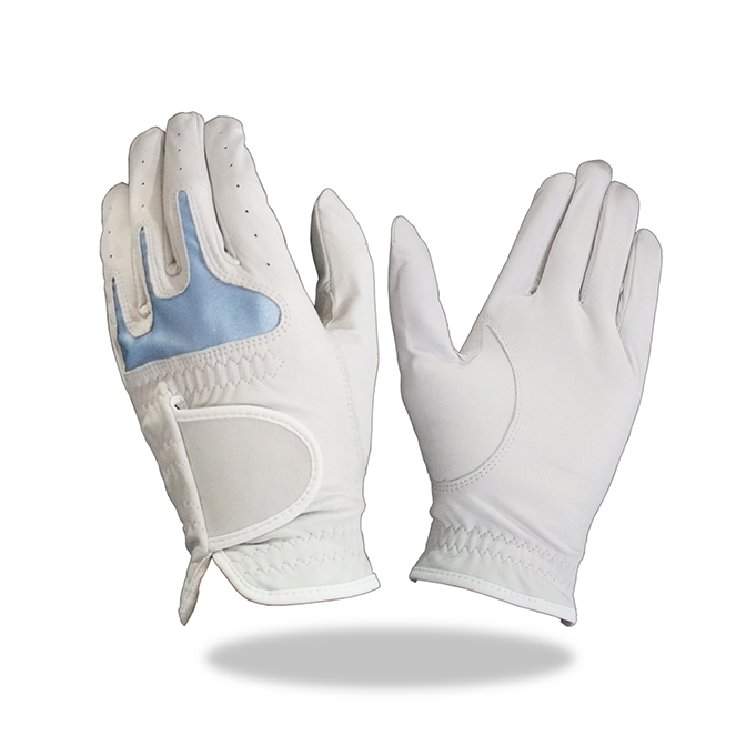 Premium Golf Glove Indonesia Full Leather Color White Combined with Blue Lycra Color