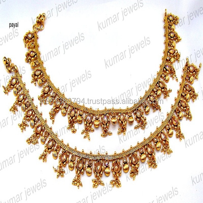 Antique Temple Traditional Style Uncut Polki Stone Studded Indian Gold Plated Bridal Wear Anklets