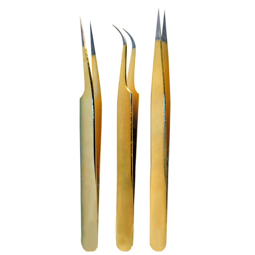 titanium gold 3 pieces eyelash extension tweezers for students and last technician