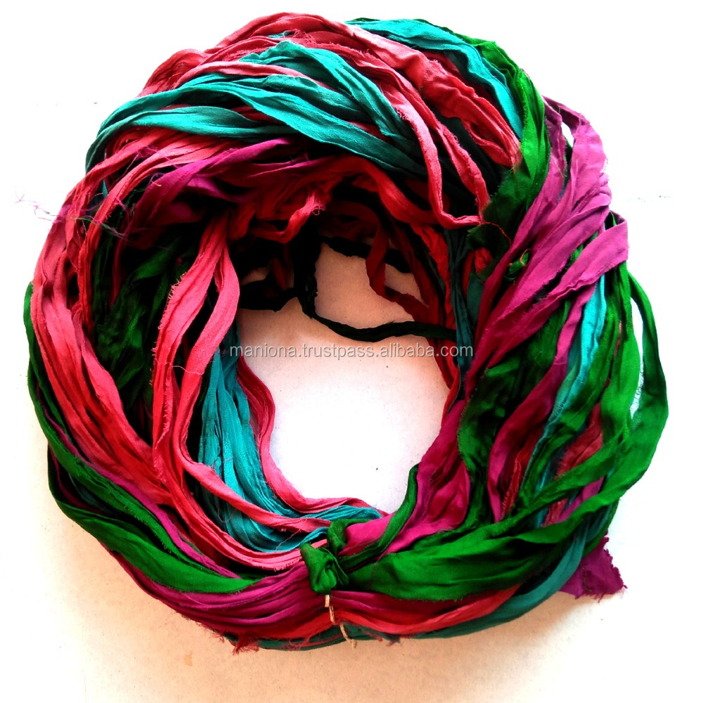 Handmade chiffon sari silk ribbons recycled assorted multi colors scraps recycled sari silk ribbon for knitting for craft work