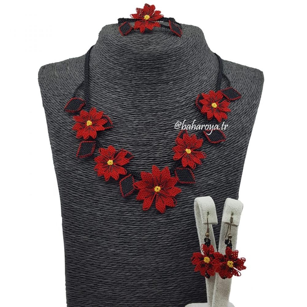 Needle Lace Garden Flower With Leaves Necklace-серьги-браслет Bahar Oya Handicrafts-турецкий Oya