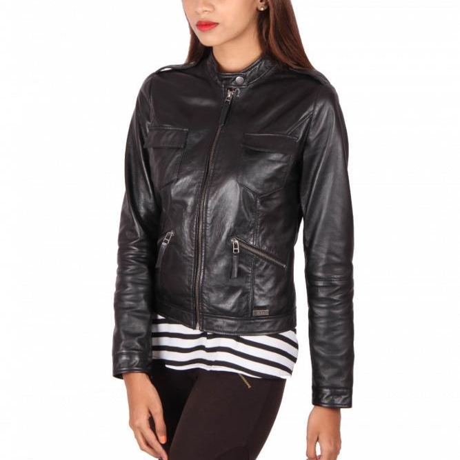 Black Zipper Genuine Leather Jacket For Women Fashionable Ladies Wholesale Cheap Price High Quality