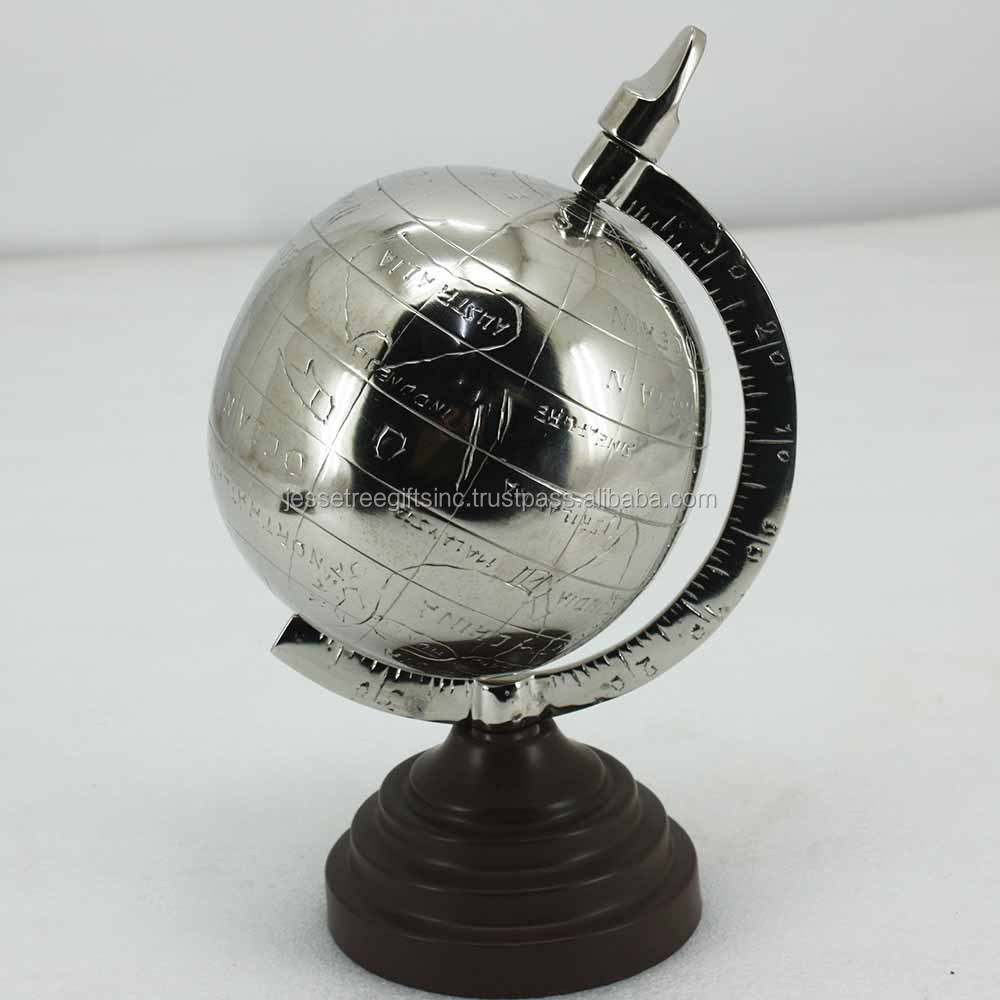 Silvery Metal Globe With Wooden Base