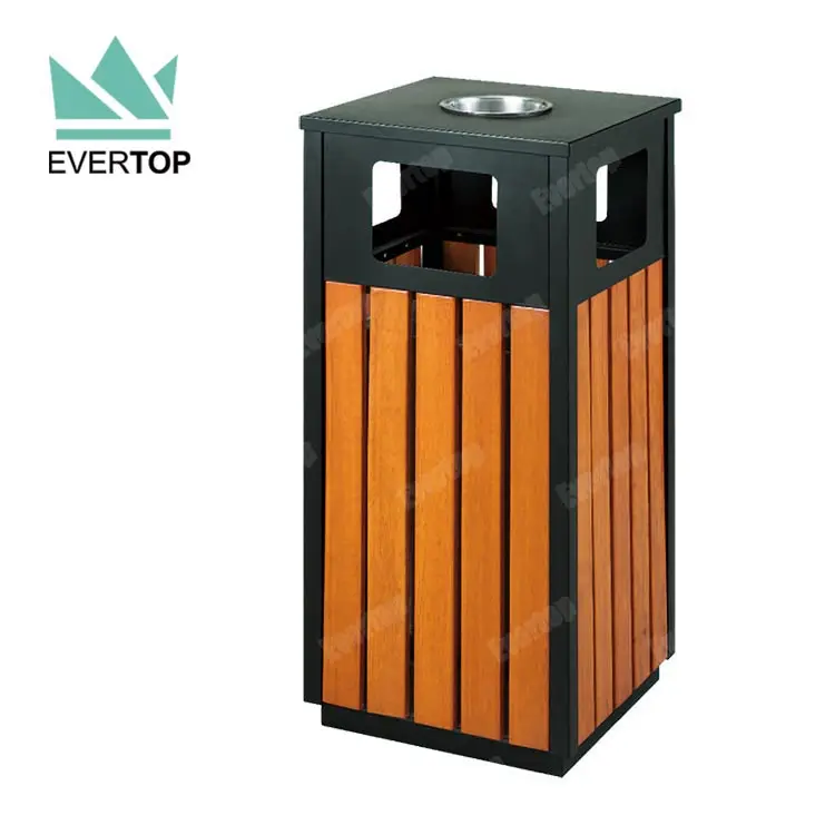 Trash Can Manufacturers DA-78D Outdoor Steel And Wood Garbage Can Trash Bin Commercial Garbage Bin Outdoor Trash Receptacle