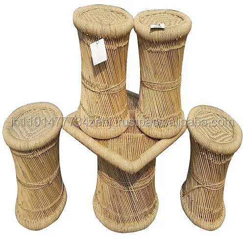 Royal Design Decorative Bamboo Cane Garden 4 Stool Set With Table Garden Sets Hand Made Furniture For Living Room Pub Bar