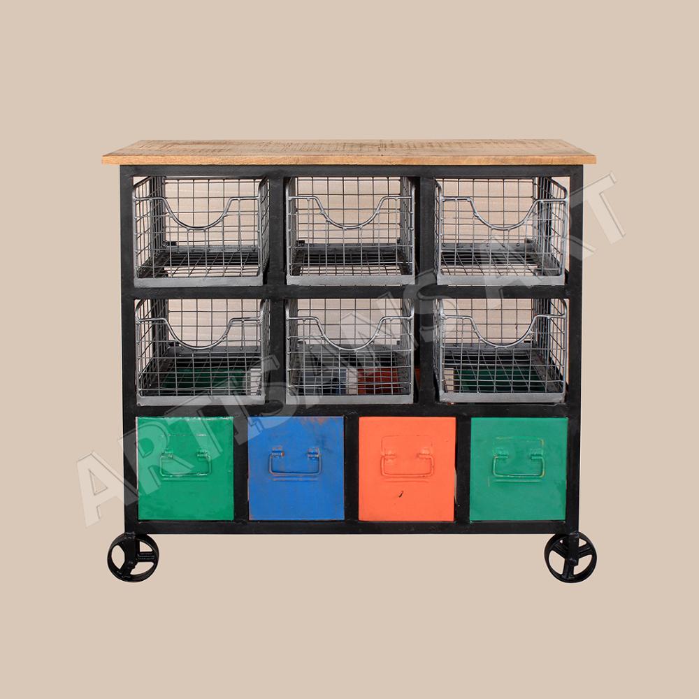 Rustic Industrial Storage Bucket Cabinet , Vintage Metal Basket Rack on Wheels, Industrial Home Storage & Organization