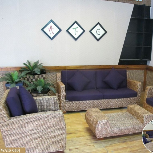 Antique design interior sofa set home furniture (acasia wooden frame, water hyacinth handmade woven)