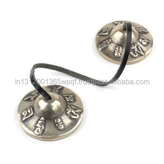Tibetan Buddhist Hand Chimes embossed with the Mantra of the Buddha of Compassion 'OM MANI PADME HUM' cymbals 6 cm