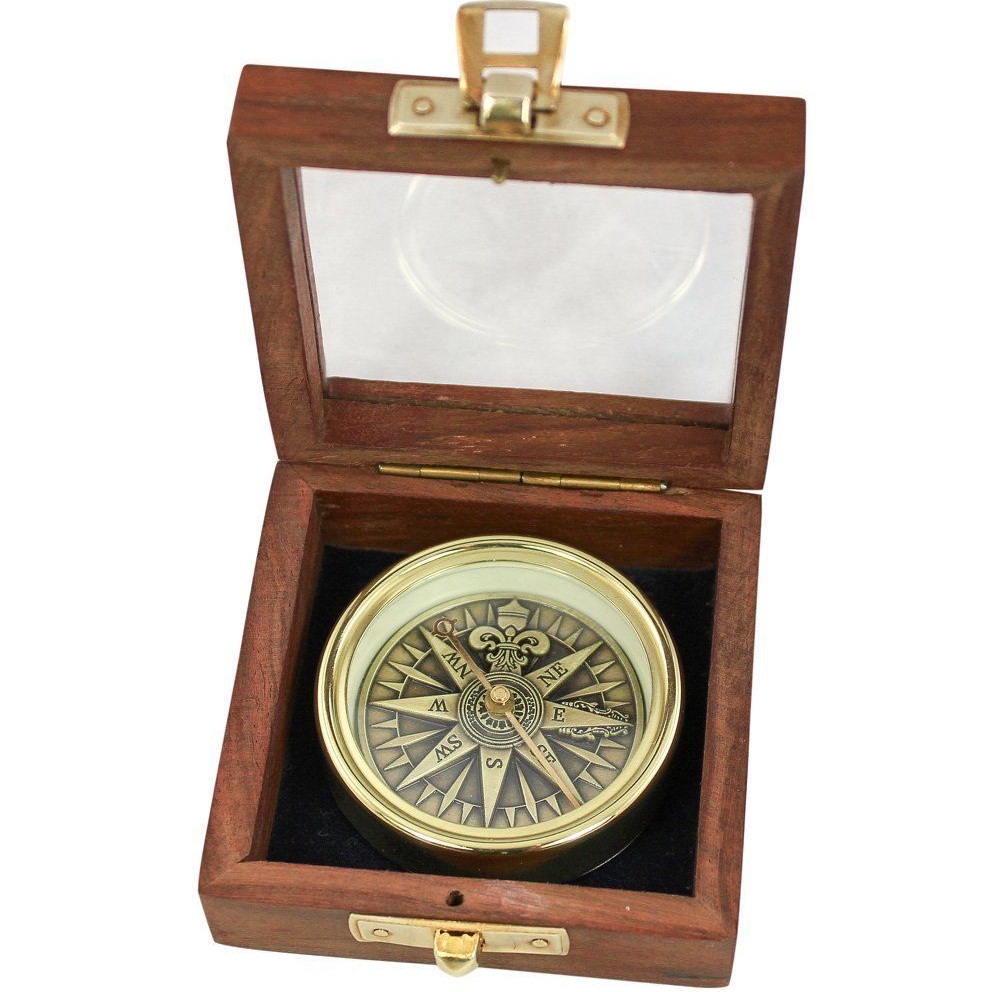 Collectible Vintage Nautical heavy brass compass With Wooden Box CHCOM582