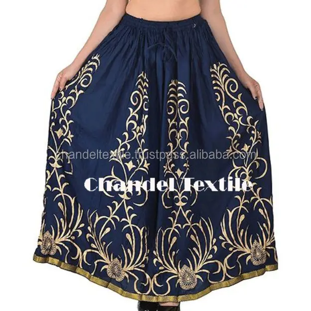 Indian Style Cotton Gold Printed Long Skirt length 40 Inches Waist Size :: non stretch 26 inches, After stretch 42 inches.skirt