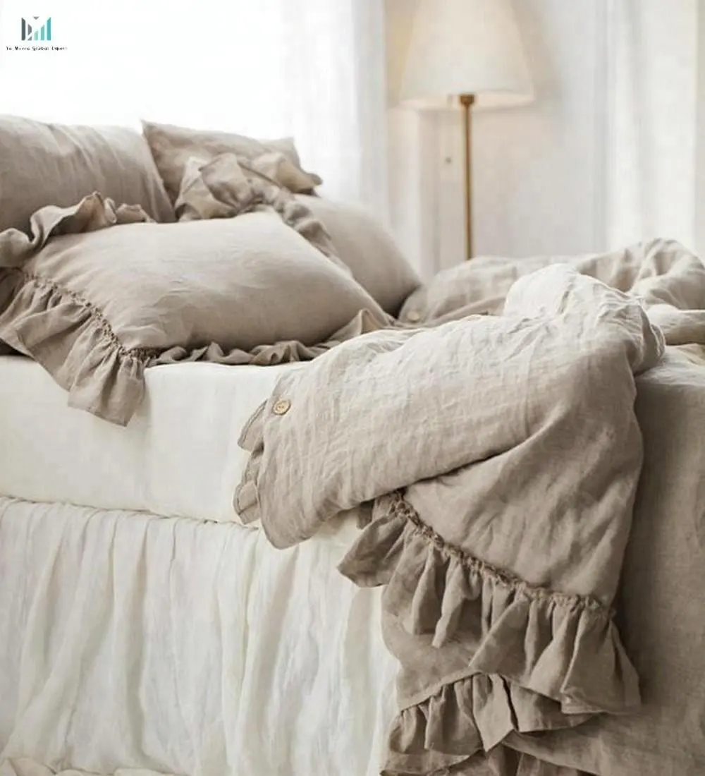Flax Linen Bedding Set - 3 pieces -summer blanket - 2 pillow shams-ruffled throw-linen bedspread