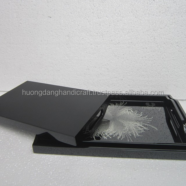 Mystic night color lacquer tray, Black squar lacquer tray with white flower detail
