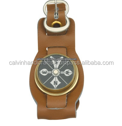 Marbles Watchband Compass Tan Leather Brass Casing Revolving Black Face CHCOM635