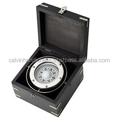 Nickel Plated Gimbaled Brass Compass with Wood Box CHCOM519