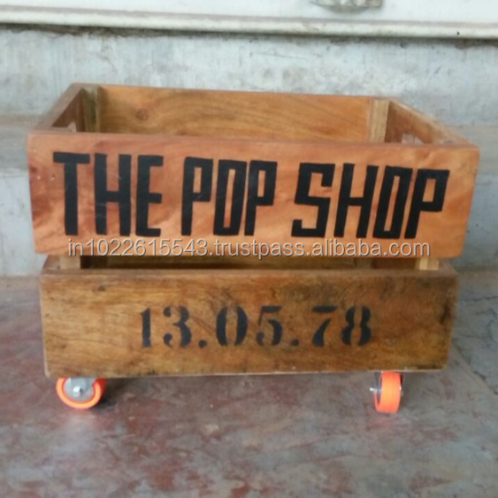 Industrial Mango Wood Storage Cart For Kids, Modern Mango wood Storage Crate with wheels
