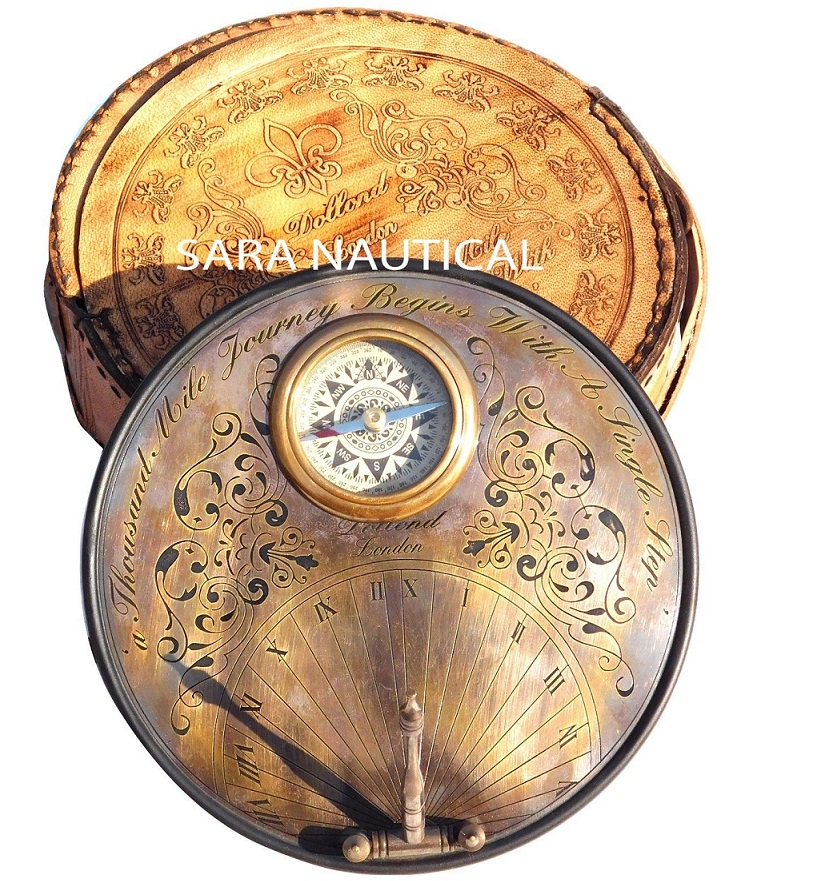 6'' Brass Antique Marine Dollond London Sundial Compass Round Leather Case CHCOM597