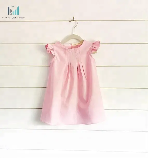 Pink Flutter Sleeve toddler baby girl Dress Kids Clothes baby linen pink dress
