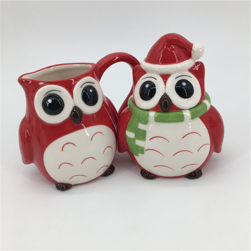Ceramic embossed 3D owl design tea pot coffee with milk jar sugar and creamer pot