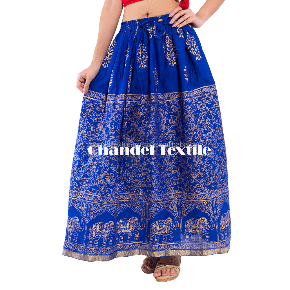 Jaipuri Rajasthani Cotton Gold Print Straight long Skirt for Women Girls Gold Border skirts Embroidered skirts Dress Elephant
