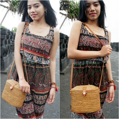 New Style Exotic Genuine Leather Handbags Long Handle Ata Rattan Grass Bali Beach Bag Vintage Lock ODM Casual Bucket Pattern PU