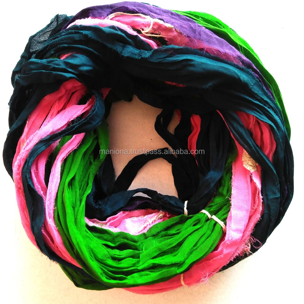 Indian recycled multi colors sari silk chiffon ribbons in assorted scraps recycled sari silk ribbon for knitting for craft work