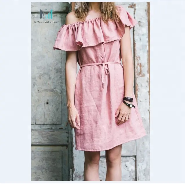 Pink Off shoulder Ruffle dress Sleeveless Summer Short Washed Linen beach Dress