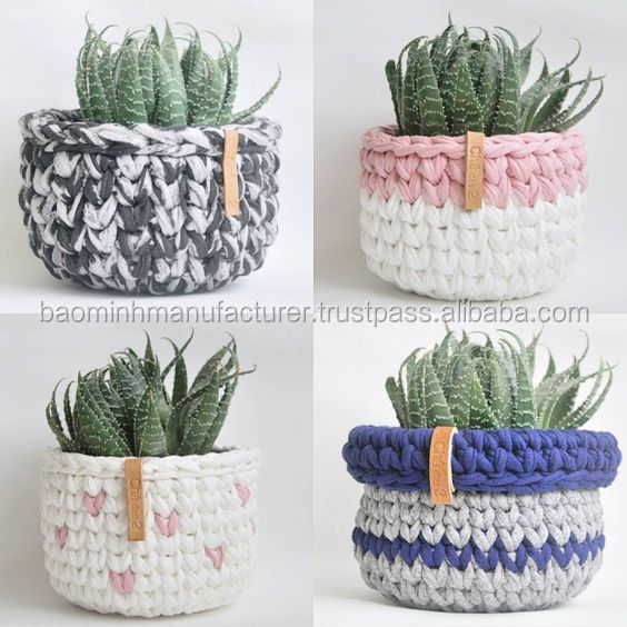 Colorful crocheting and knitting planter basket for indoor decor