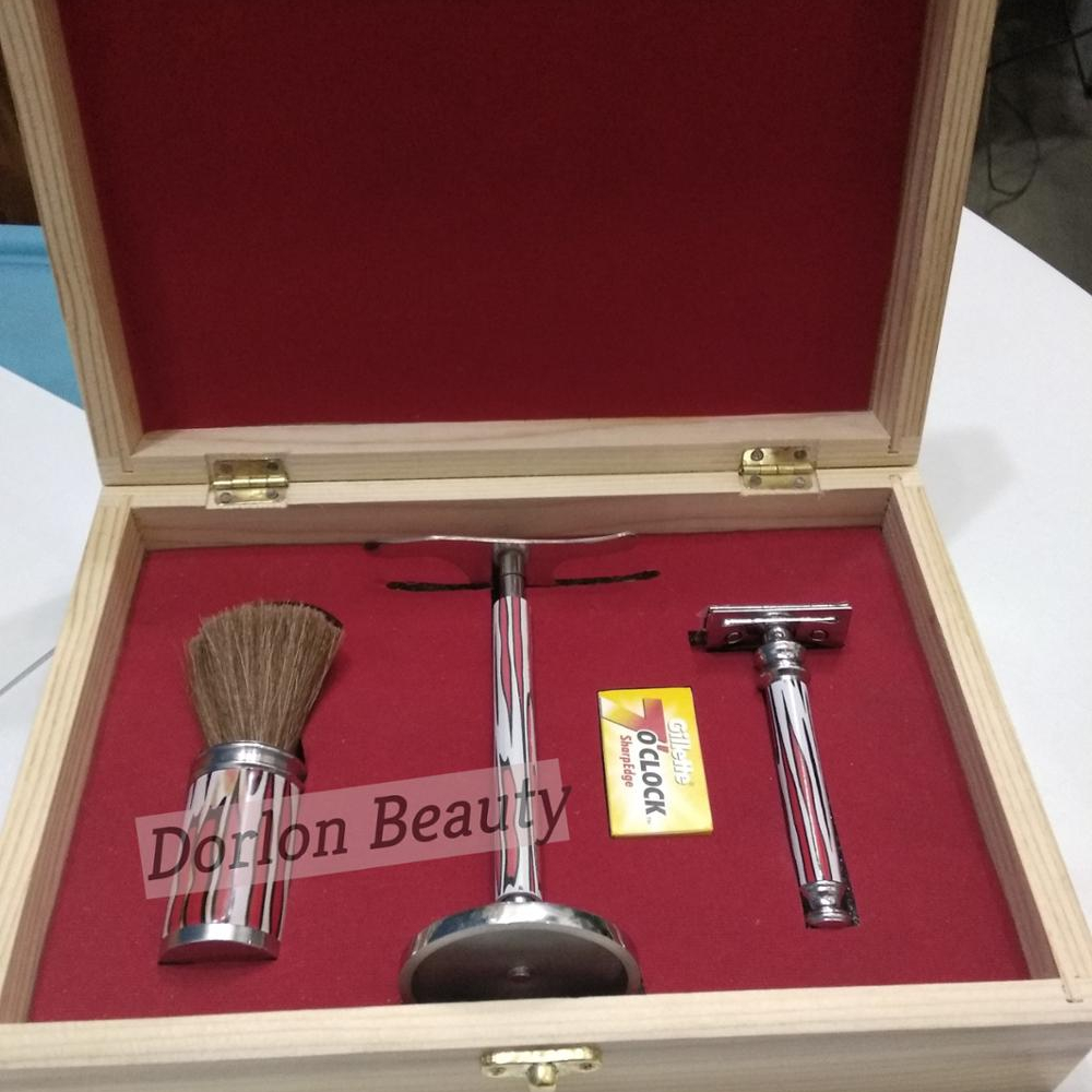 New Trendy Wooden Shaving Box Including Safety Razor,Brush,Stand,Blades