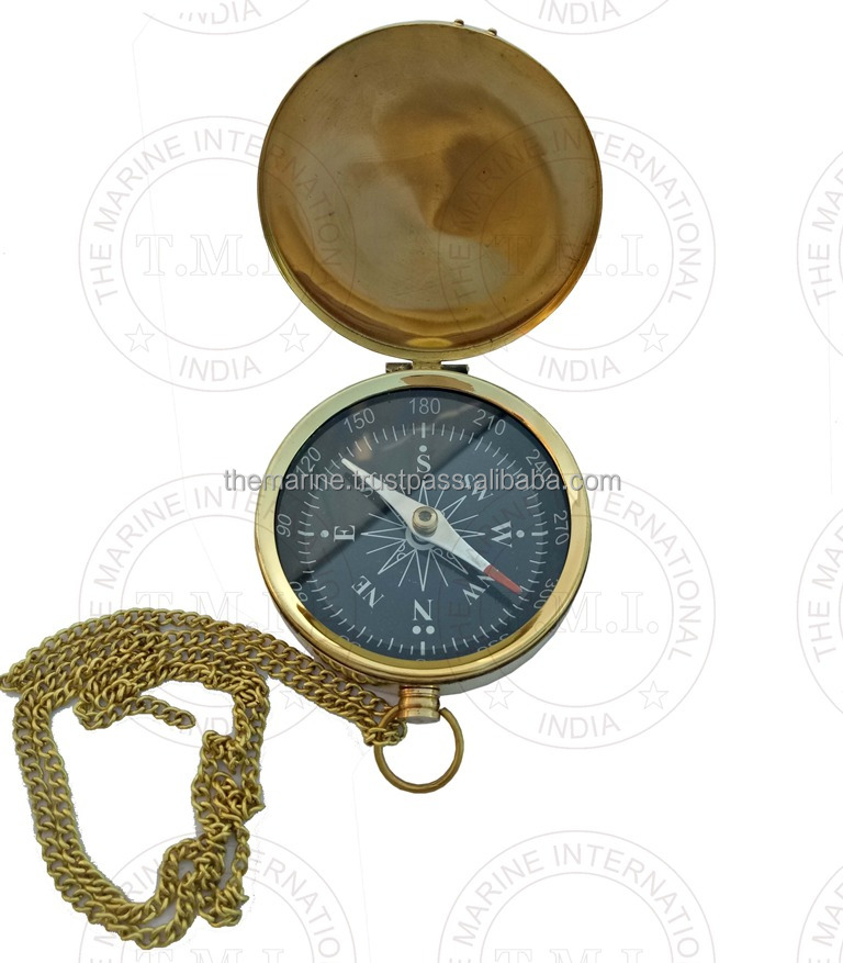 Flat Compass With Chain ~ Nautical Brass Pocket Compass With Lid